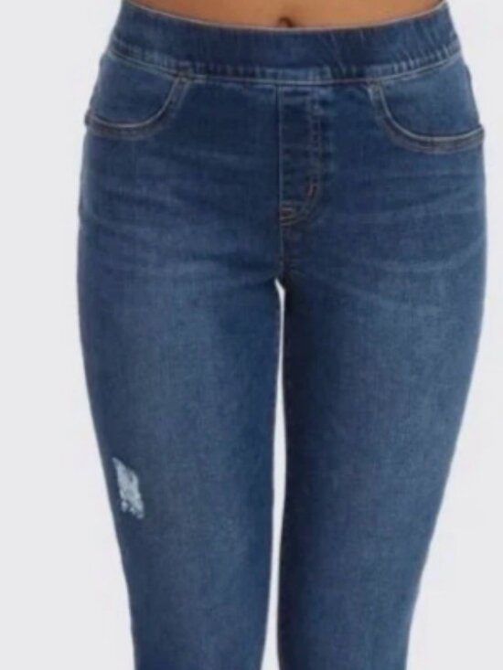 Spanx Denim - SPANX Pull On Jeans Women’s S/P Blue Sunny Distressed Fray Dark Wash Denim